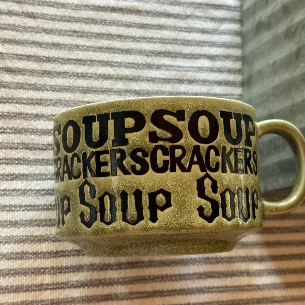 Vintage Soup Cracker Handle Mug Bowl Cup Large Green Japan Stoneware